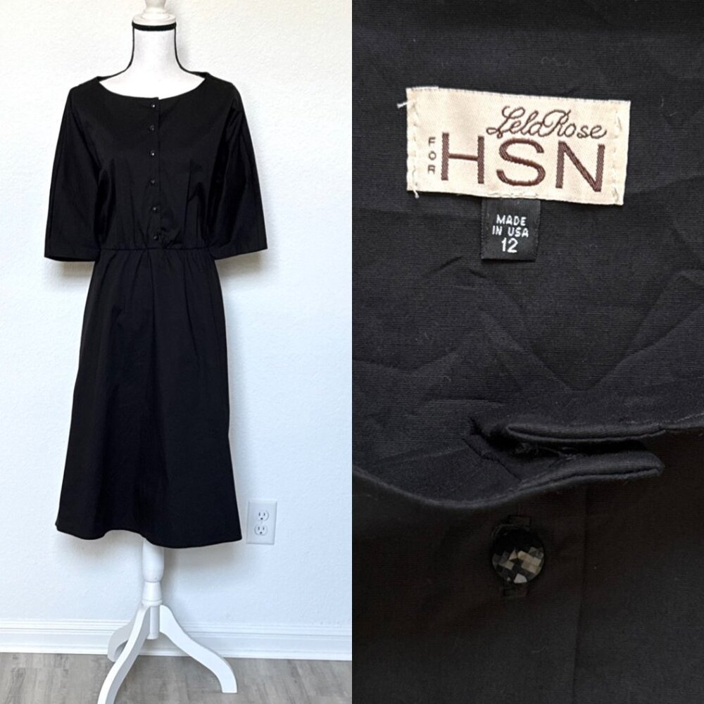 Size 12 Lela Rose Vintage Inspired Black Cotton Midi Dress